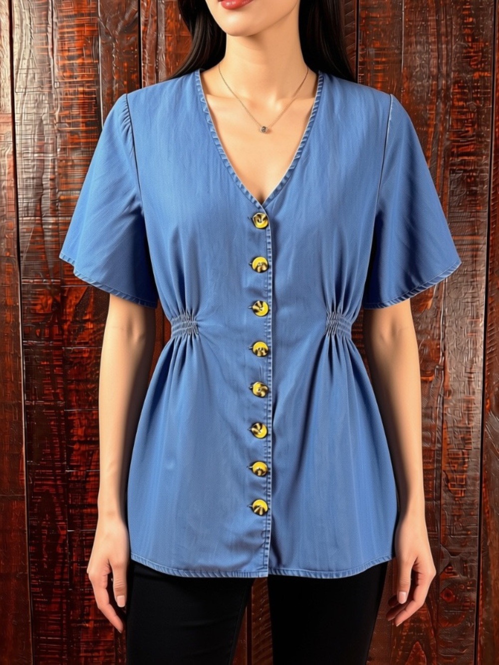 Appraisal Soft Chambray Button Front Blouse with Fitted Waist